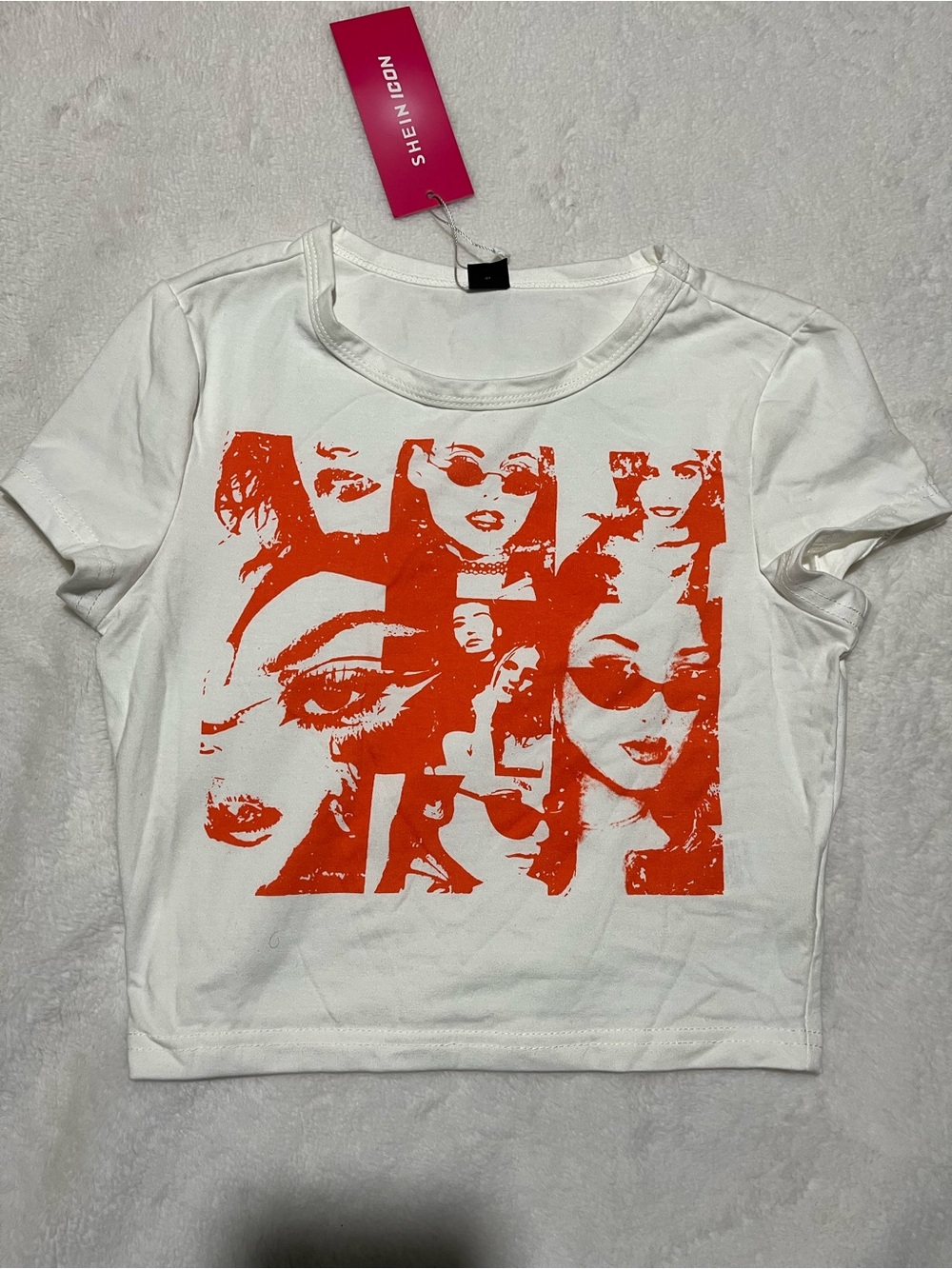Brand New SHEIN Icon White Graphic Crop Tee with Orange Pop-Art Print